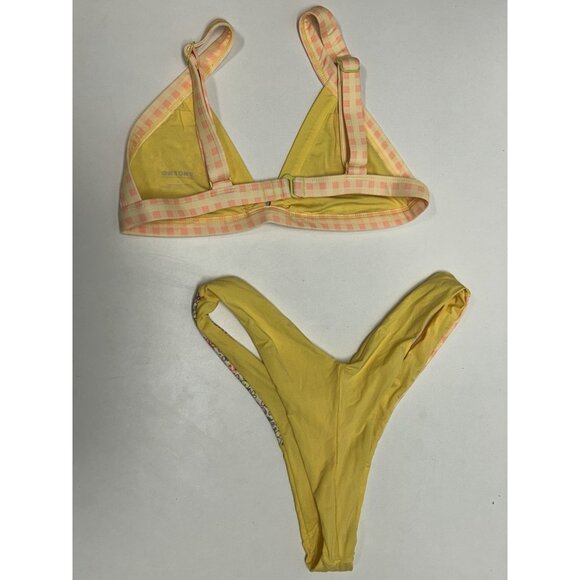 Oneone Bikini Top and Bikini Bottoms Yellow Floral Print Thong Size L/XL NEW - Picture 12 of 13